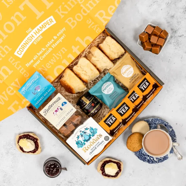 Cornish cream tea hamper with locally produced Cornish fudge, presented in a hamper gift box