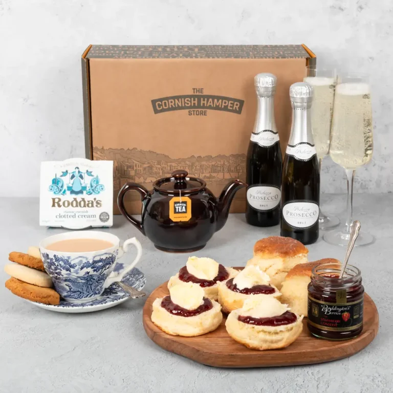 Cornish cream tea hamper served with two glasses of prosecco