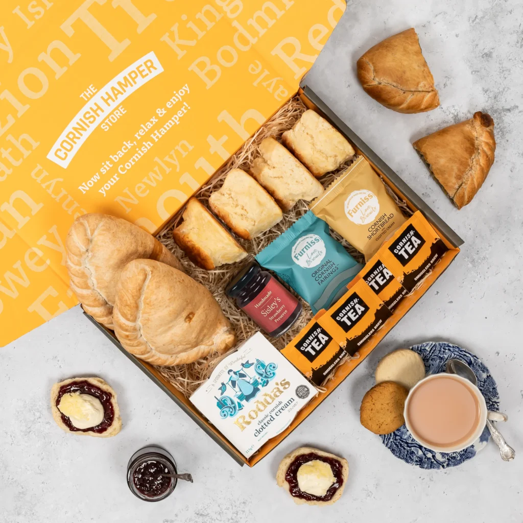 Cornish pasty and cream tea hamper with steak pasties, handmade by local cornish bakeries. Cream tea box with jam and cream