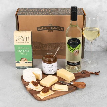 Cornish Cheese & Wine Hamper served and ready to share