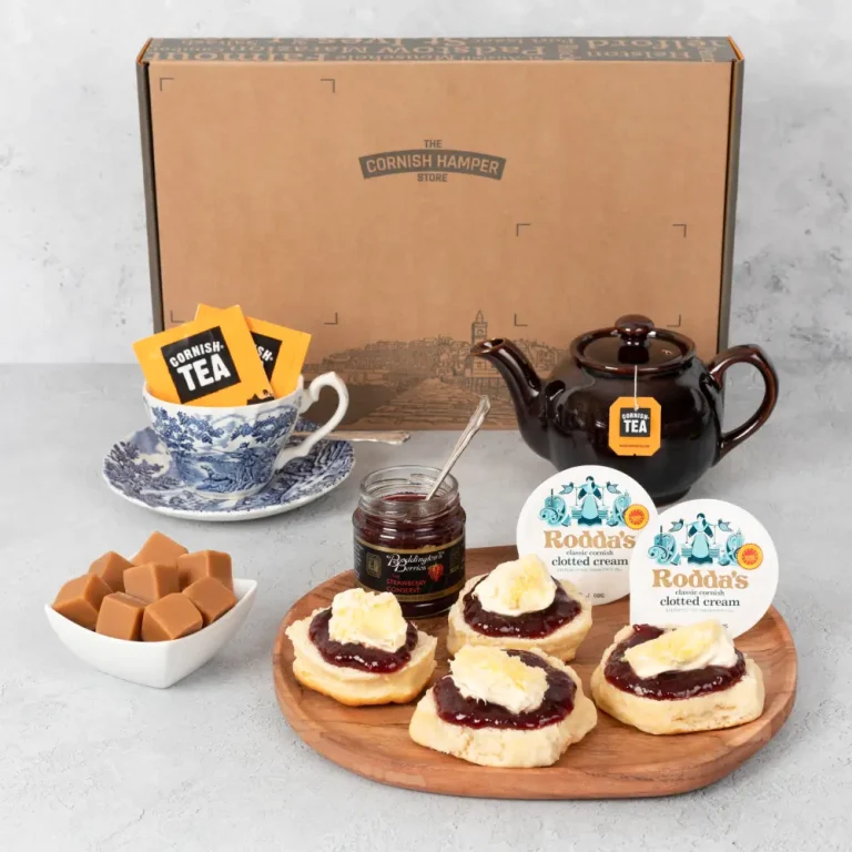 The Cornish Cream Tea & Fudge Hamper birthday gift served with a fresh pot of smugglers brew Cornish tea