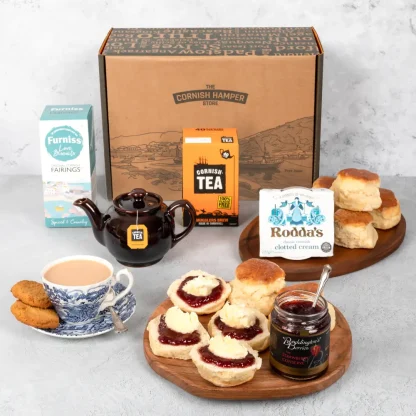 Cornish cream tea hamper served and ready for the whole family to share and enjoy