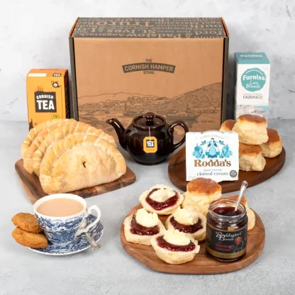 Cornish Cream Tea and Pasty Hamper served and ready for the whole family to share