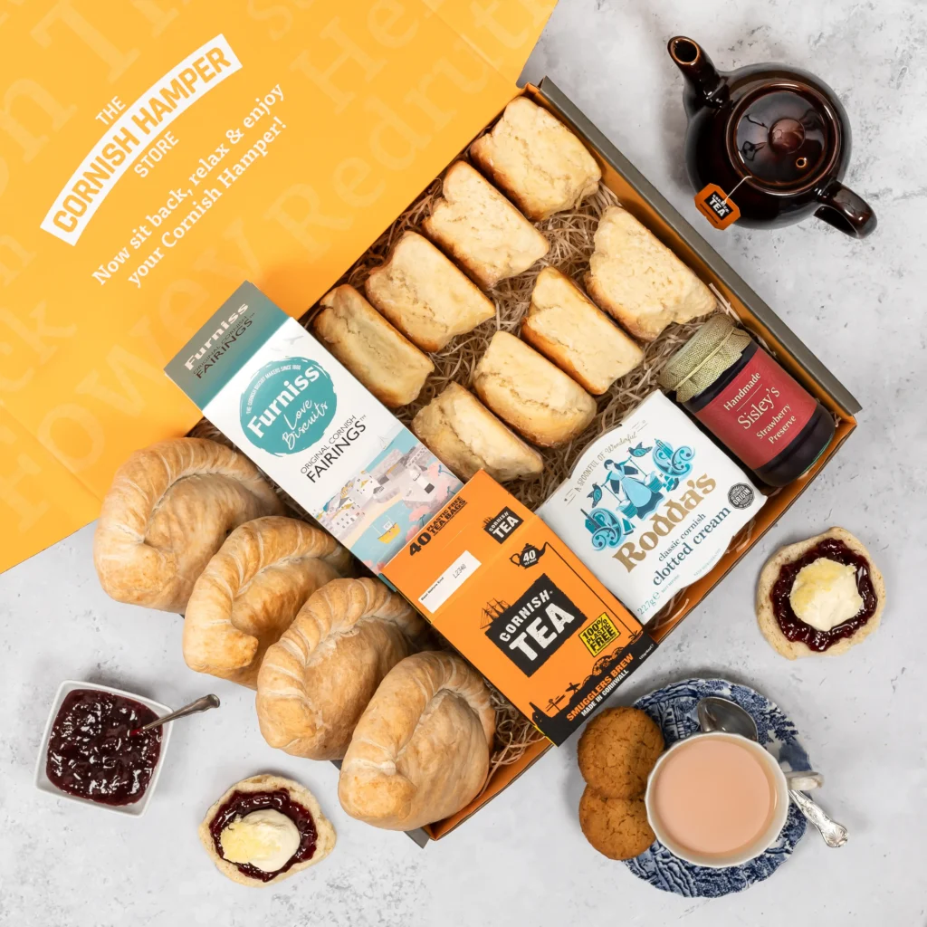 The Cornish Pasty and Cream Tea Hamper with scones, Cornish Pasties, biscuits, tea bags, Clotted Cream and jam