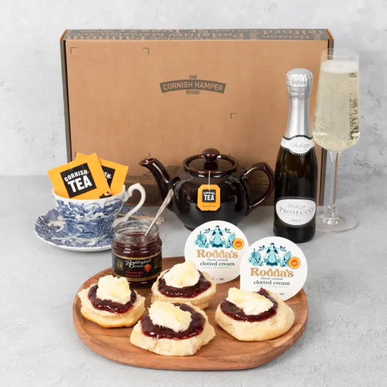 Cream Tea for one gift box with prosecco containing scones, clotted cream, Cornish Tea and strawberry jam