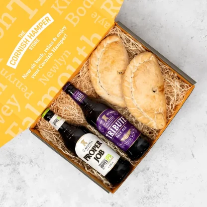The Beer and Pasty Hamper presented in a Cornish Hamper Store Box
