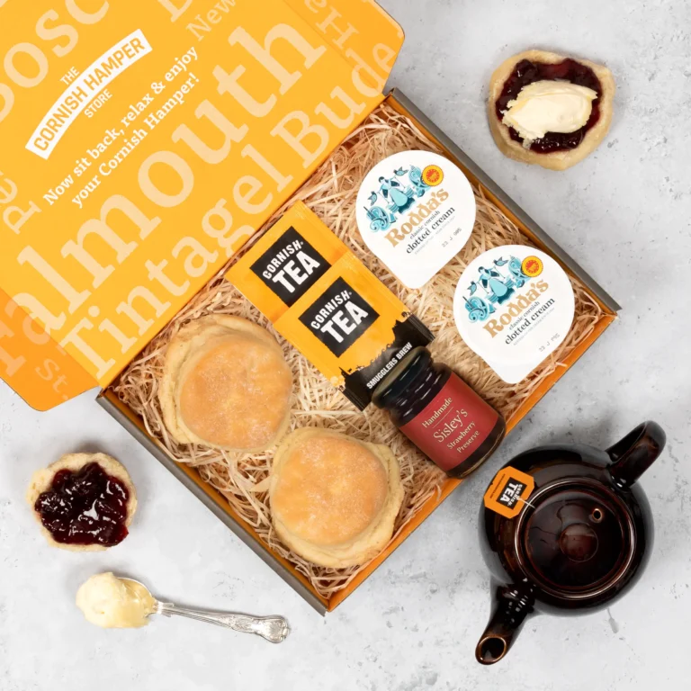 Gluten Free cream tea hamper with free from gluten scones, jam, clotted cream and tea. Suitable for coeliacs