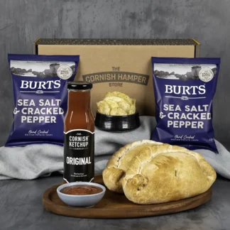 Father's Day Pasty and Crisps Gift Hamper containing cornish pasties, ketchup and sea salt and cracked pepper crisps