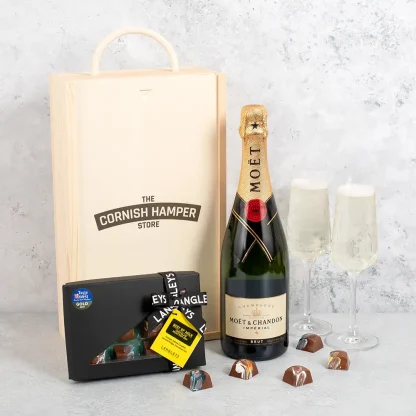 Moet champagne takes centre stage next to award winning langleys cornish chocolates and wooden gift box