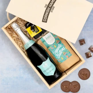 Prosecco and Chocolate Gift Set displayed in a branded gift box with items on a bed of straw