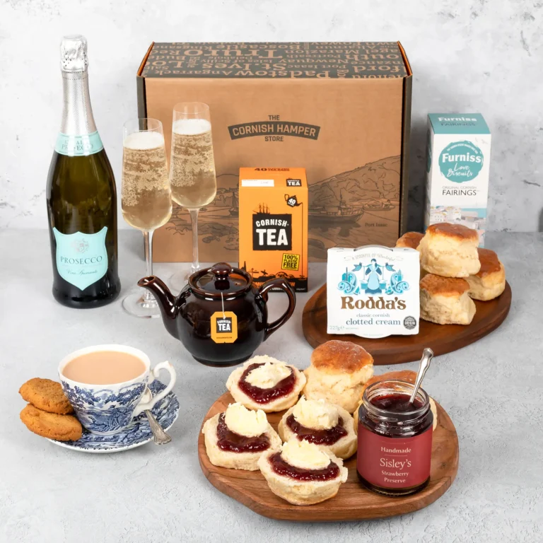 Cornish cream tea hamper served with bottle of prosecco