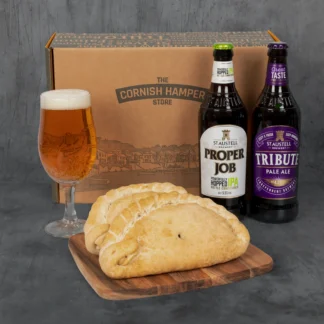 Father's Day Beer and Pasty Hamper presented with two cornish pasties beside St Austell Brewery's Proper Job and Tribute