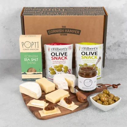 Cornish cheese hamper with Mr filberts olives, popti thins and spiced apple chutney