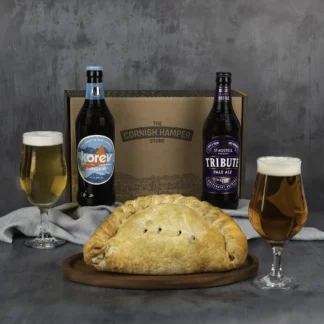 Father's Day Pasty and Beer Gift Hamper Box. Traditional steak pasty 900g with a bottle of Korev and a bottle of Tribute
