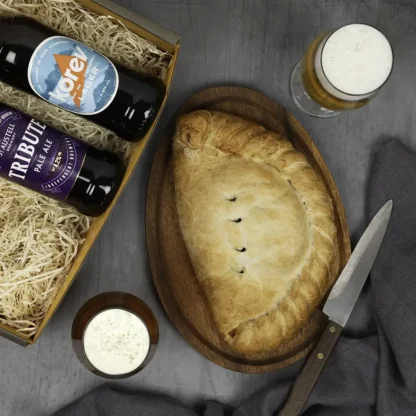 Cornish pasty with lager and pale ale, served and ready for dad to enjoy on Fathers Day