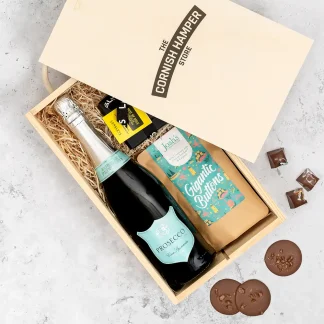 Prosecco and chocolate gift box filled with chocolate selection, chocolate buttons and vino spumante prosecco