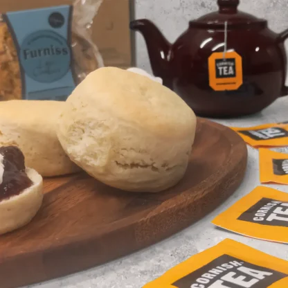 Vegan cornish scones surrounded by Cornish Teabags, a Furniss vegan cookie and a teapot