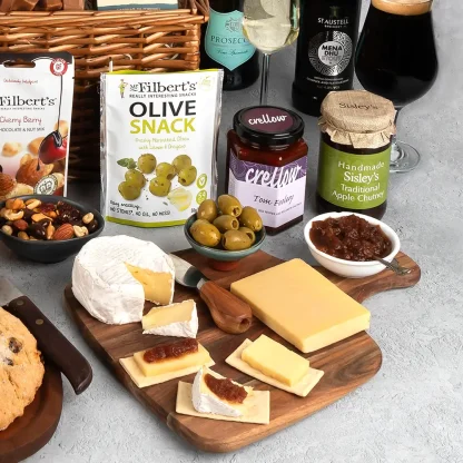 Mr Filberts cherry berry chocolate and nut mix, marinated olives with lemon and oregano, Cornish cheeses and chutneys