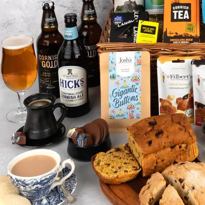Cornish cyder, Hicks ale, Josh's chocolate buttons, chocolate and nut mix, Cornish Tea and saffron cake