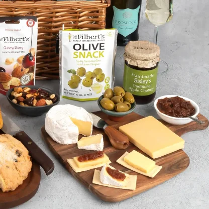 Cornish Feast items including cheeses, chutneys, olives and prosecco