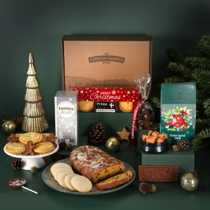 The Merry Christmas Hamper with Cornish stollen, spiced fudge, mince pies, chocolate gingerbread and shortbread biscuits