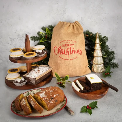 Prima Bakery Christmas Hamper with holly and hessian sack