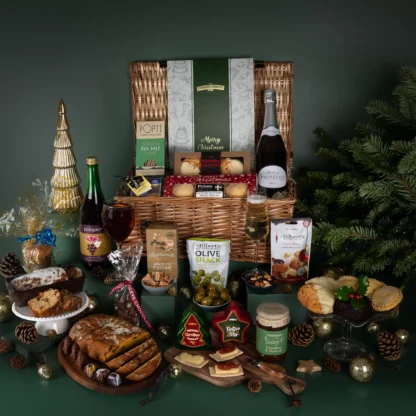 The Christmas Celebration Hamper packed with Cornish cheese, crackers, wine, prosecco, stollen, chocolates, biscuits and more