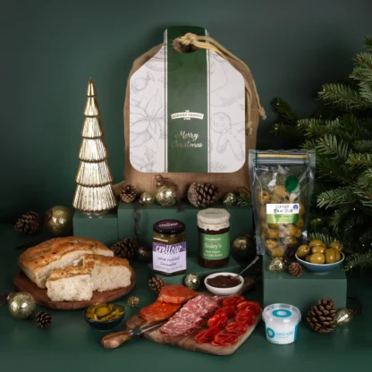 The Christmas Charcuterie Hamper with chorizo, salami, nduja, pesto olives, red onion chutney, pickled cucumber and focaccia