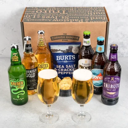 Cornish Rattler, Cornish Gold, Rattler Pear, Proper Job IPA, Korev, Tribute Pale Ale with two packets of crisps made by Burts