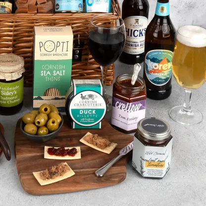 Hicks Ale, Korev lager and Cornish charcuterie items including chutney, Popti Cornish Sea Salt thins and Duck rillette