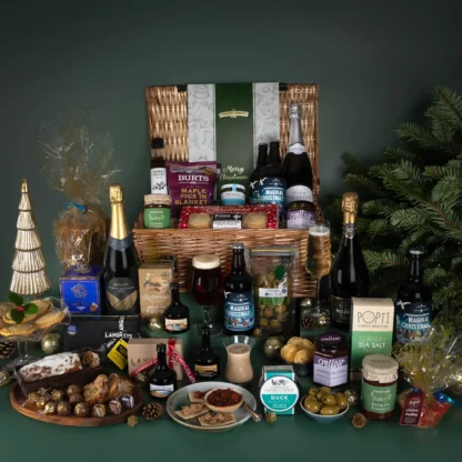 The Holiday Banquet Hamper with a luxurious range of Cornish food and drink such as handmade chocolates and sparkling wine