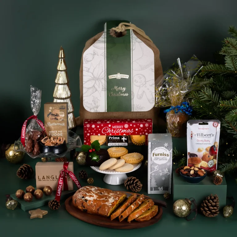 The Proper Cornish Christmas Hamper with chocolates, mince pies, nuts, fudge, shortbread, stollen and chocolate Santas