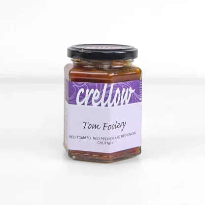 Crellow Tom Foolery Chutney in glass hexagon shape jar with purple labelling