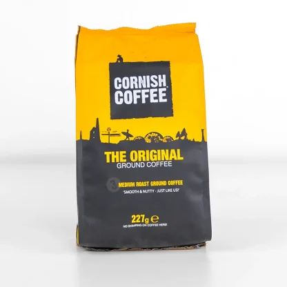 Cornish Coffee the original ground coffee. Medium roast, smooth and nutty 227g bag in orange and black colours