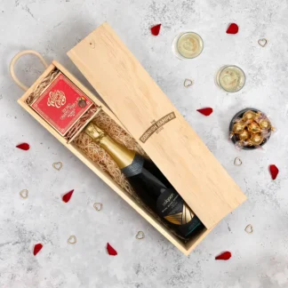 Polgoon Cornish Sparkling Wine inside Valentines gift box with chocolate pearls
