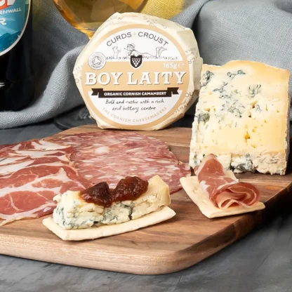 Boy Laity Organic Cornish Camembert beside Cornish blue cheese, Coppa and Salami