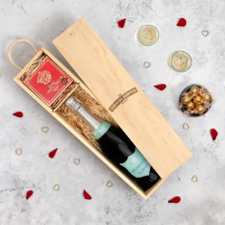 The Chocolate and Fizz Hamper presented in wooden gift box with Prosecco and Cornish Chocolate