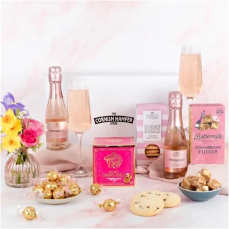 Mothers day gift hamper with Cornish shortbread, fudge, chocolate pearls and pink prosecco