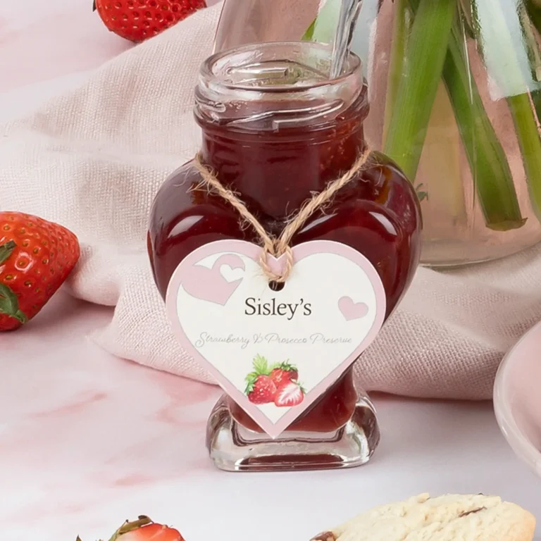 Heart shaped jar of strawberry jam, showcased in the pink birthday cream tea hamper