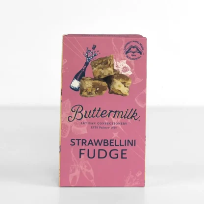 Buttermilk Strawberry Bellini Fudge in pink packaging, lovingly handmade in Cornwall