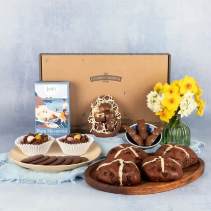 The Easter Chocolate Hamper with a chocolate egg, hot cross buns, chocolate bunnies, chocolate buttons and easter nests