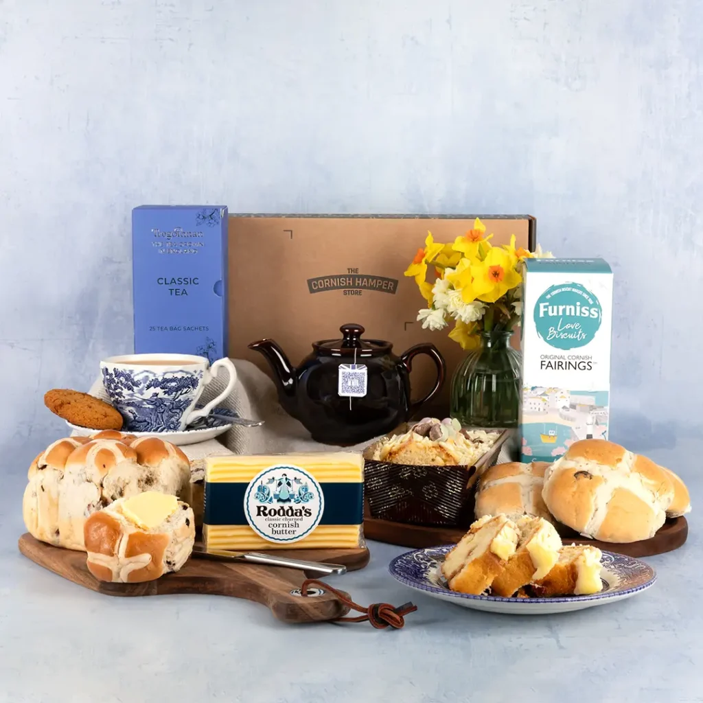 The Easter Feast Hamper with lemon loaf cake, hot cross buns, Cornish Fairings and Roddas butter