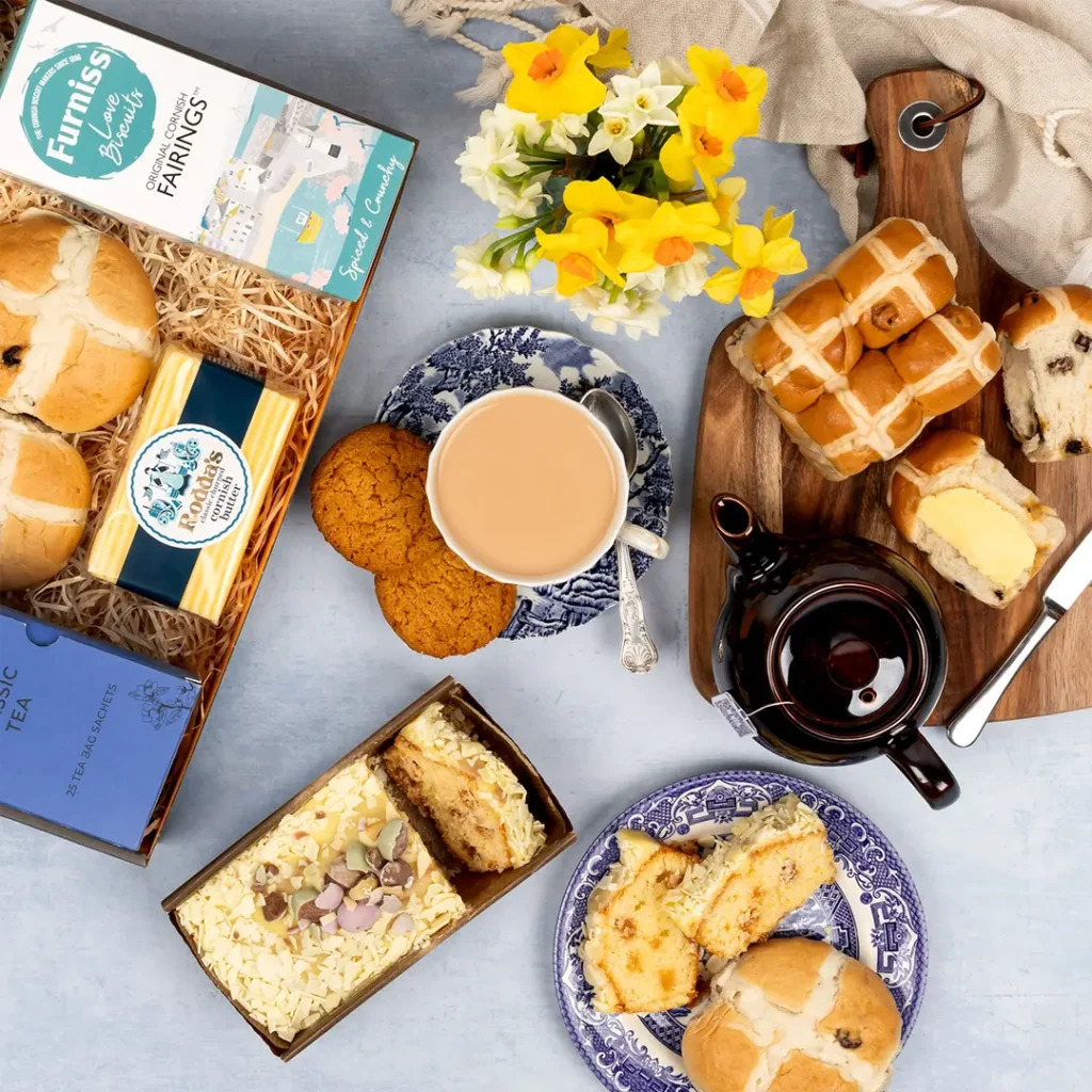 The Easter Feast Hamper with hot cross buns, lemon loaf, and Rodda's Cornish butter, enough for the whole family