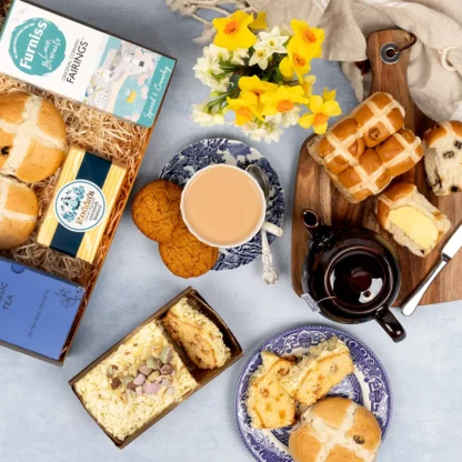 The Easter Feast Hamper with lemon loaf cake, hot cross buns, Cornish Fairings and Roddas butter