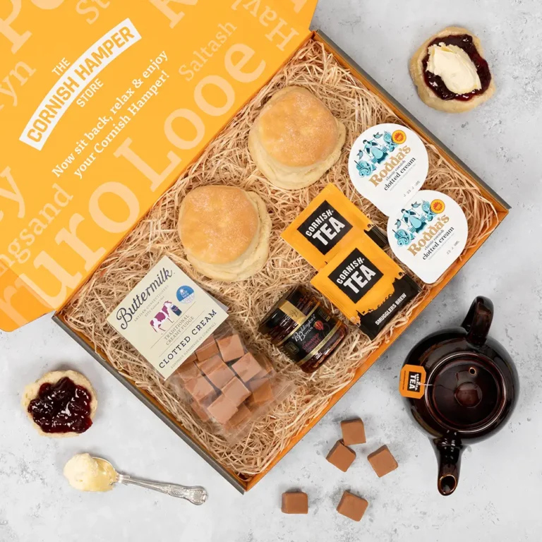 Gluten free cream tea kit with scones, jam, clotted cream, tea and fudge