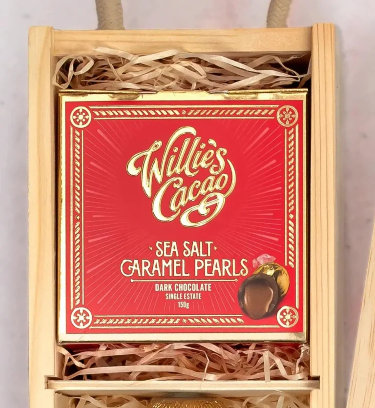 Willies Cacao Sea Salt Pearls in red box