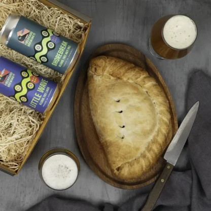 Little Wave alcohol free lager and Shorebreak alcohol free hazy pale with a handmade steak pasty