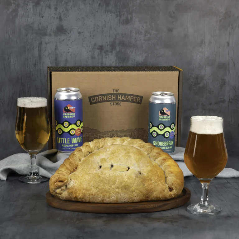 Father's Day giant pasty and non alcoholic beer gift hamper. Contains alcohol free lager and hazy pale