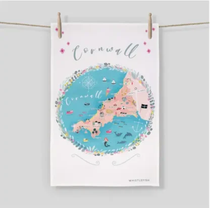 Whistlefish Gallery Cotton Tea Towel with a map of Cornwall