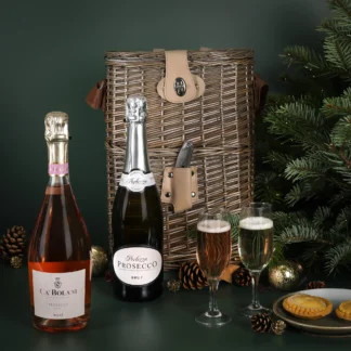 The Double Wine Cooler Gift Set with a choice of 2 bottles of bubbly presented in a charming wicker cooler